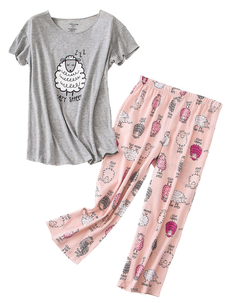 PNAEONG Women Pajama Set Sleepwear Tops with Capri Pants Casual and Fun Prints Pajama Sets Lazy Sheep 3XL - Image 1